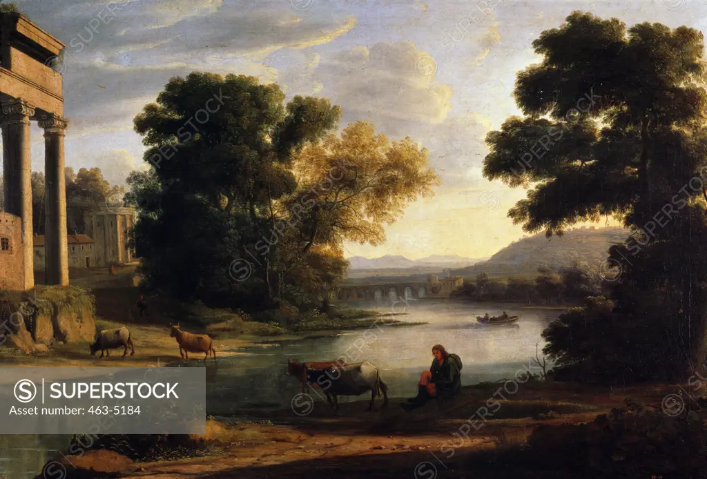 Landscape With Shepherd by Claude Lorrain,  1600-1682 French,  oil on canvas,  1644,  Spain,  Madrid,  Museo del Prado,  17th century