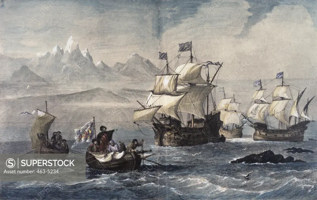 Discovery Of The Magellan-Strait 1520 1880 Artist Unknown Colored Wood Engraving