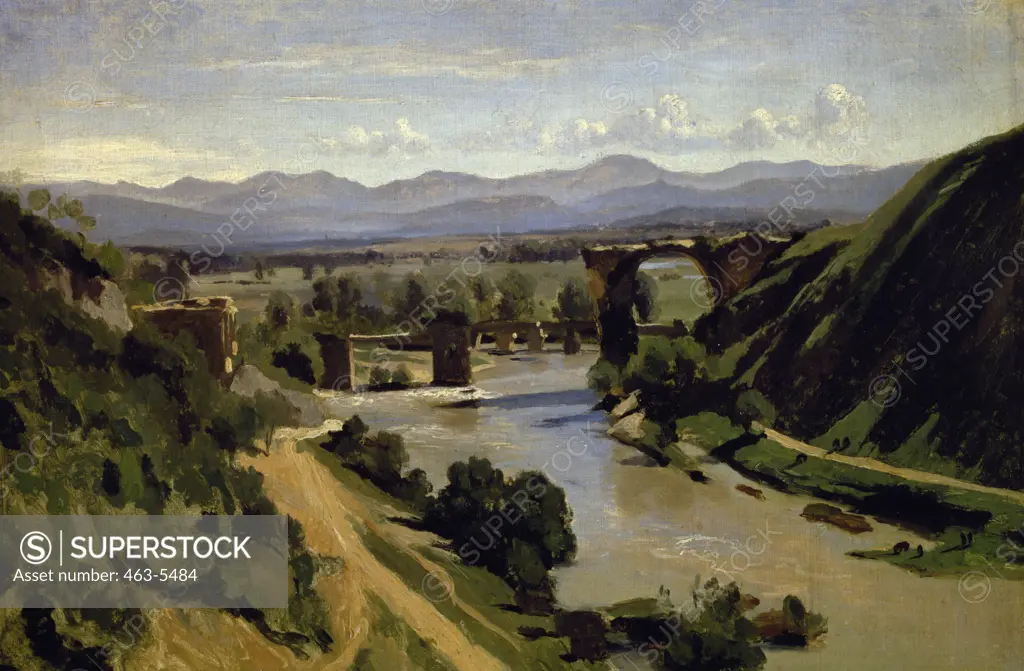 Bridge Near Narni by Jean-Baptiste-Camille Corot,  1796-1875 French,  oil on paper/canvas,  1826,  France,  Paris,  Musee du Louvre,  19th century
