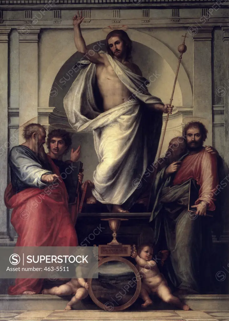 The Risen Christ with the Four Evangelists  1516  Fra Bartolommeo (1472-1517 Italian) Oil on canvas Palatine Gallery, Palazzo Pitti, Florence, Italy