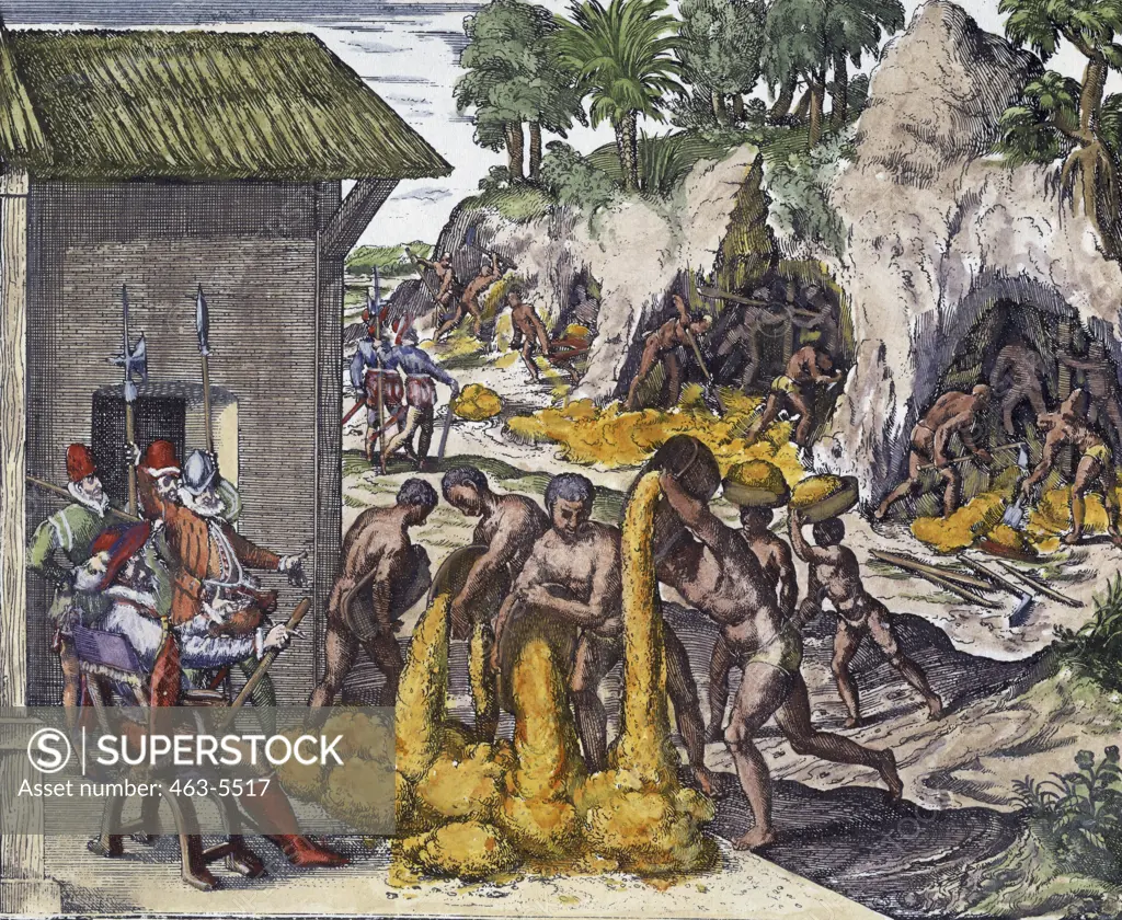 Slaves Digging For Gold Under Spanish Command 1594 Theodor de Bry (1528-1598 Netherlandish) Colored Copperplate 