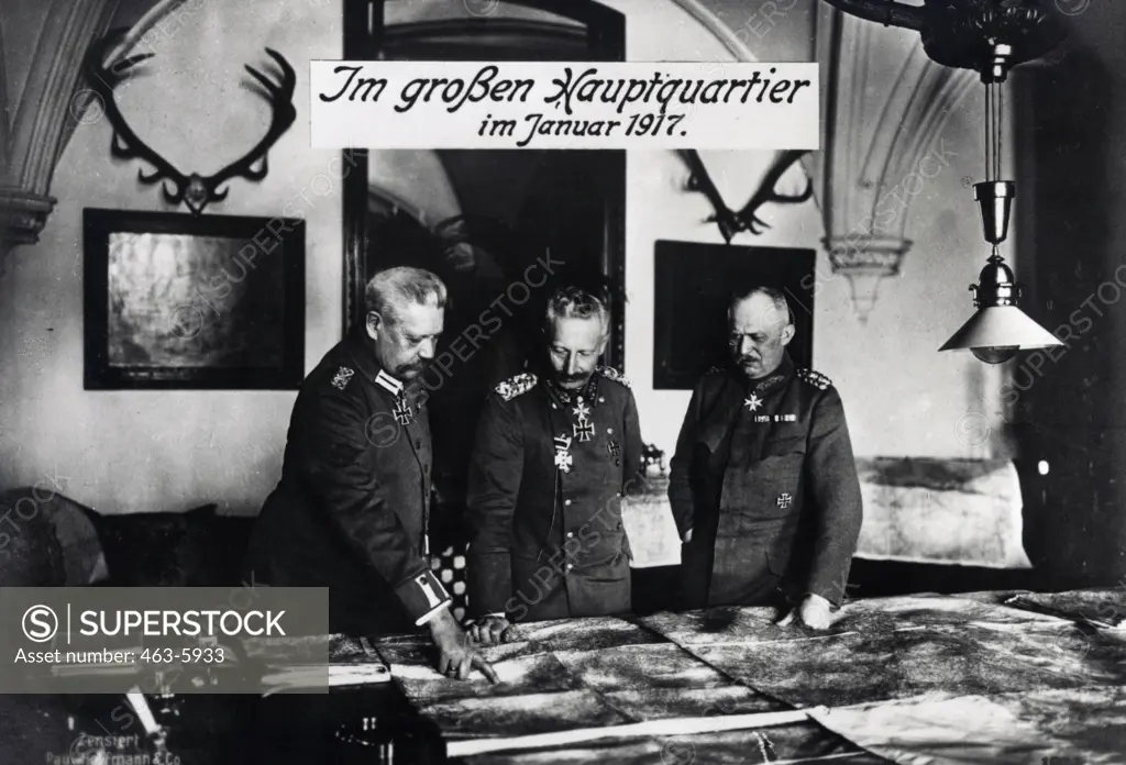 Kaiser Wilhelm II, Paul von Hindenburg and Erich Ludendorff at main headquarters, Germany, January, 1917