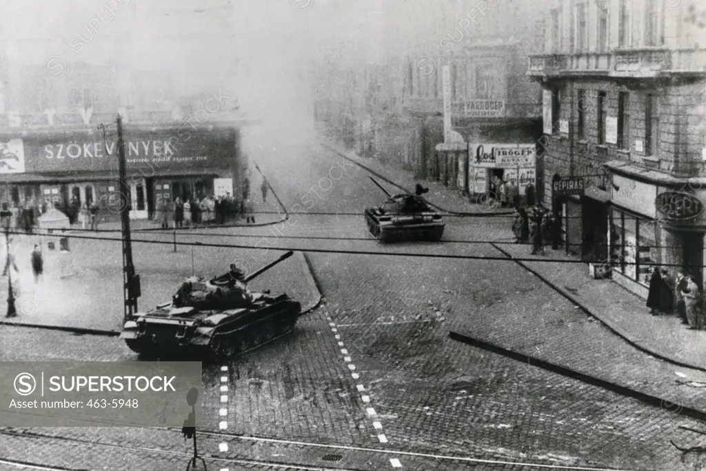 Soviet Tanks in Budapest People's Uprising, Hungary, October 27, 1956