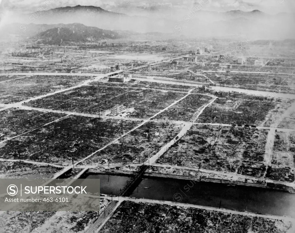 High angle view of the aftermath of an atomic bomb, Hiroshima, Japan, August 6, 1945