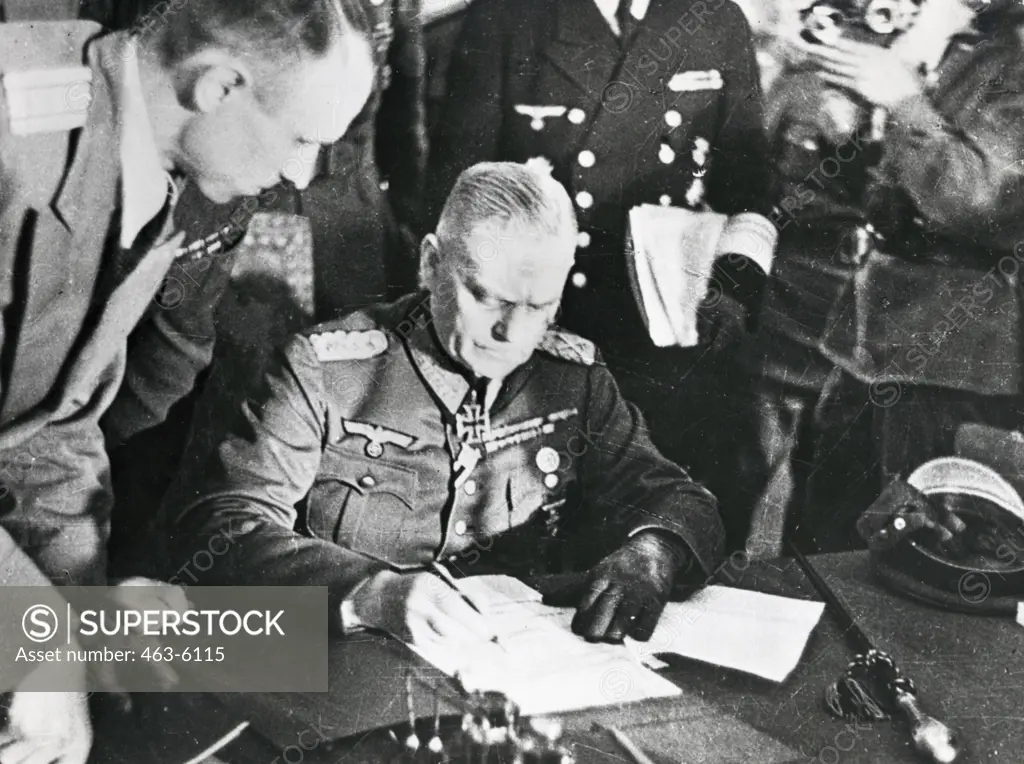 Field Marshal W. Keitel signs the Document of Surrender at the Soviet Headquarters, Berlin, Germany, May 8, 1945