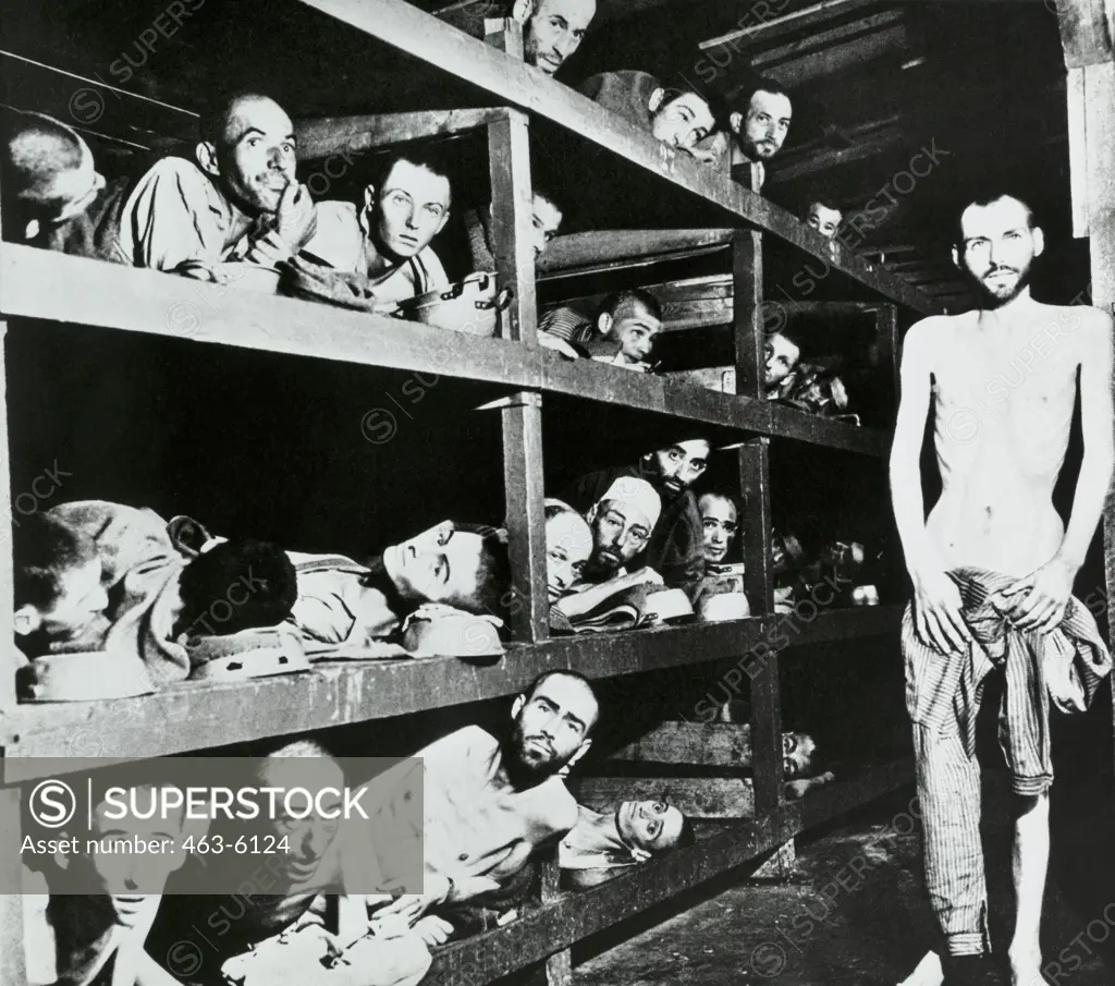 Group of prisoners in a concentration camp, Buchenwald Concentration Camp, Germany, 1945