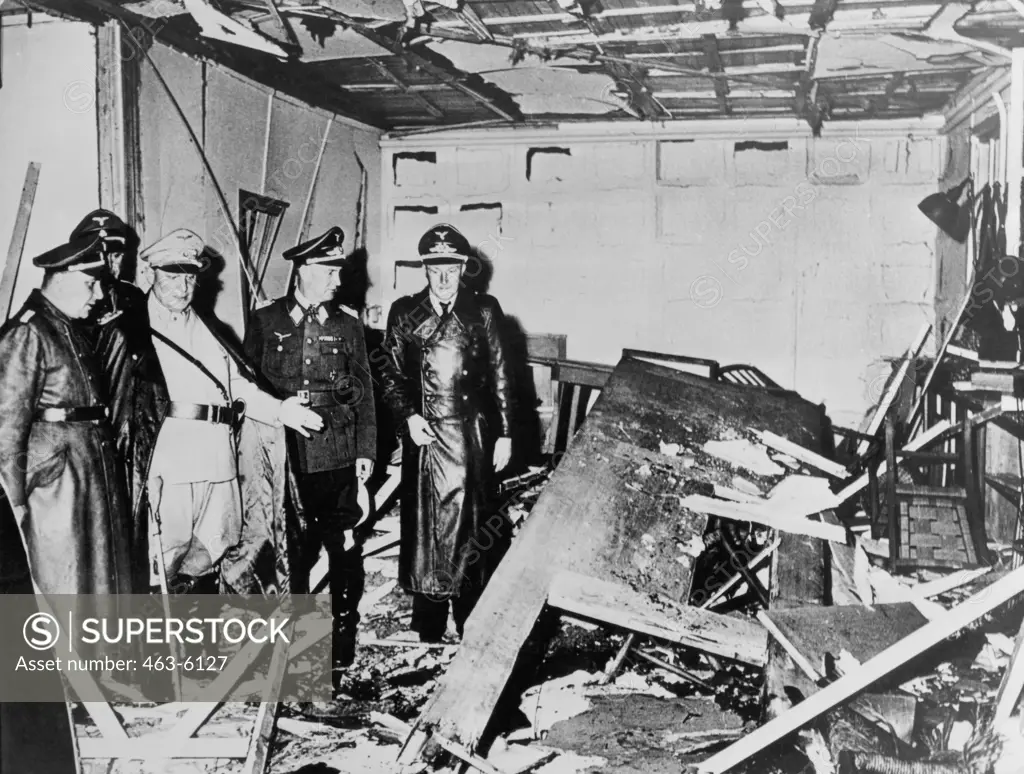 Hermann Goring and Martin Bormann inspect Hitler's Secret Headquarters after the assassination attempt, Rastenberg, East Prussia, July 20, 1944
