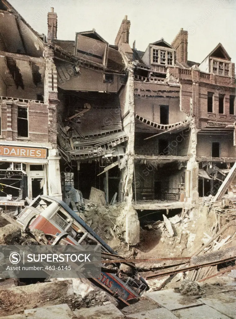 Ruined buildings after a bombing by the German Luftwaffe, Balham High Road, Balham, London, England, October 10, 1940