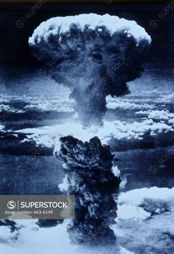 Mushroom cloud formed by atomic bomb explosion, Nagasaki, Japan, August 9, 1945