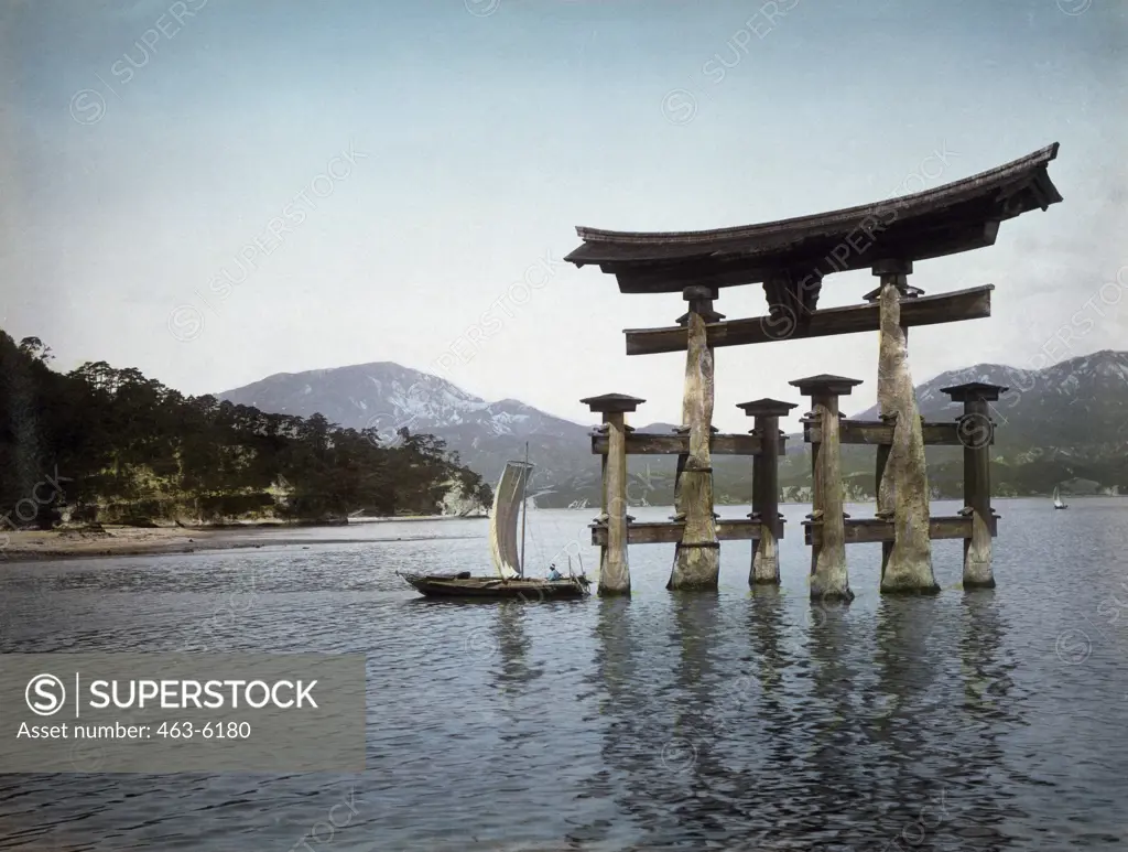 Boat near a torii gate, Itsukushima Shrine, Miyajima, Japan, c.1900