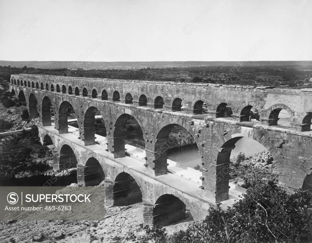 High angle view of an aqueduct over a river, Pont du Gard, Nimes, France, C.1895