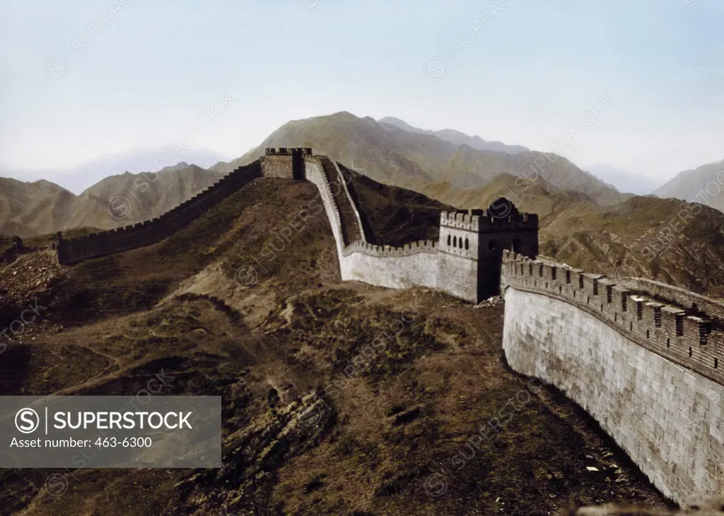 Fortified wall passing through a mountain range, Great Wall, China, 1906