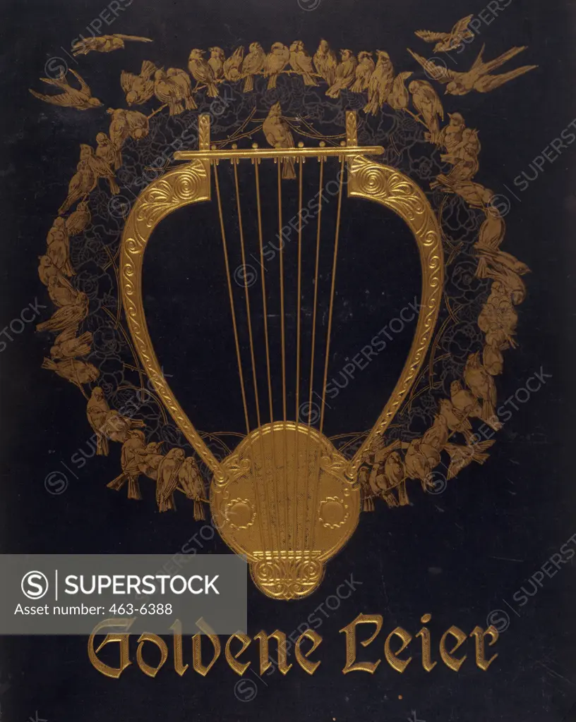 Golden Lyre - book cover of music print,  artist unknown,  linen and gold stamping,  circa1890,  19th century