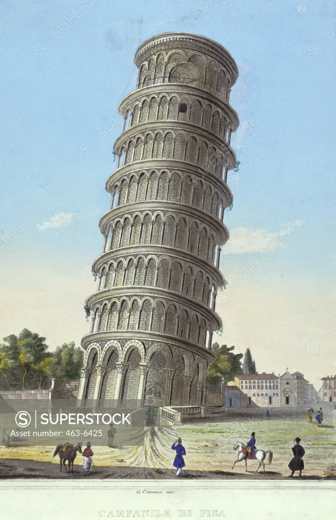 The Leaning Tower of Pisa G. Carocci  Colored aquatint