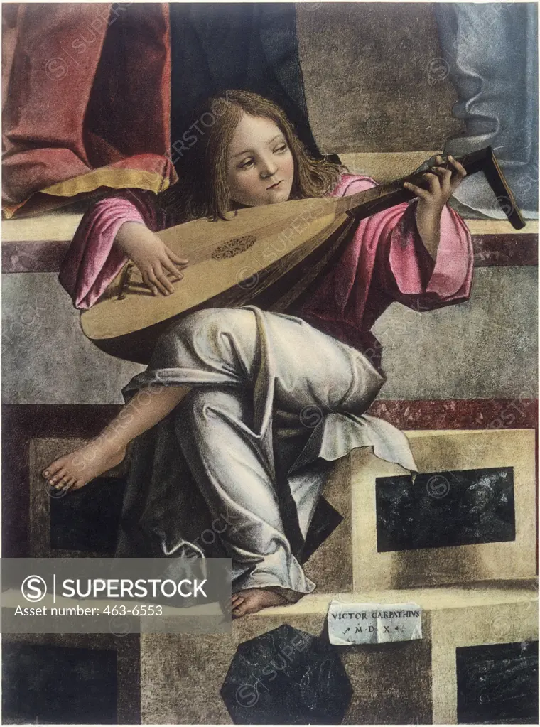 Presentation at the Temple (Detail: Angel Playing the Lyre) Vittore Carpaccio (ca.1455-1526 Italian) Galleria Dell' Accademia, Venice 