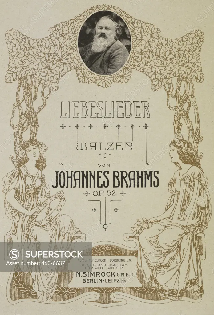 Music Print of the Piano Edition for Four Hands for "Liebeslieder-Walzer" by Johannes Brahms ca. 1870 Artist Unknown Simrock, Berlin, Germany