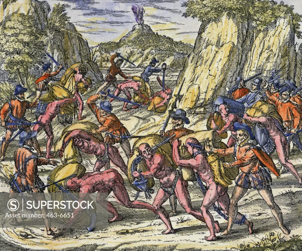 The Spanish Treat the Indians Very Tyrannically (Conquest of Peru by Spanish Under Pizarro, 1529) Theodor de Bry (1528-1598 Netherlandish)  Colored copperplate