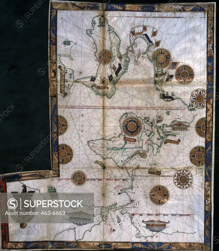 Detail of World Map,  mixed media,  Turkey,  Istanbul,  Topkapi Museum,  before 1513