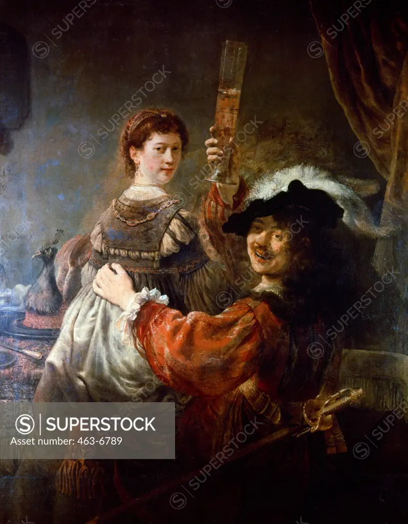 Self-portrait with his Wife Saskia as Lost Son by Rembrandt Harmensz van Rijn,  oil on canvas,  Germany,  Dresden,  Staatliche Kunstsammlungen,  (Gemaldegalerie Alte Meister),  circa 1636