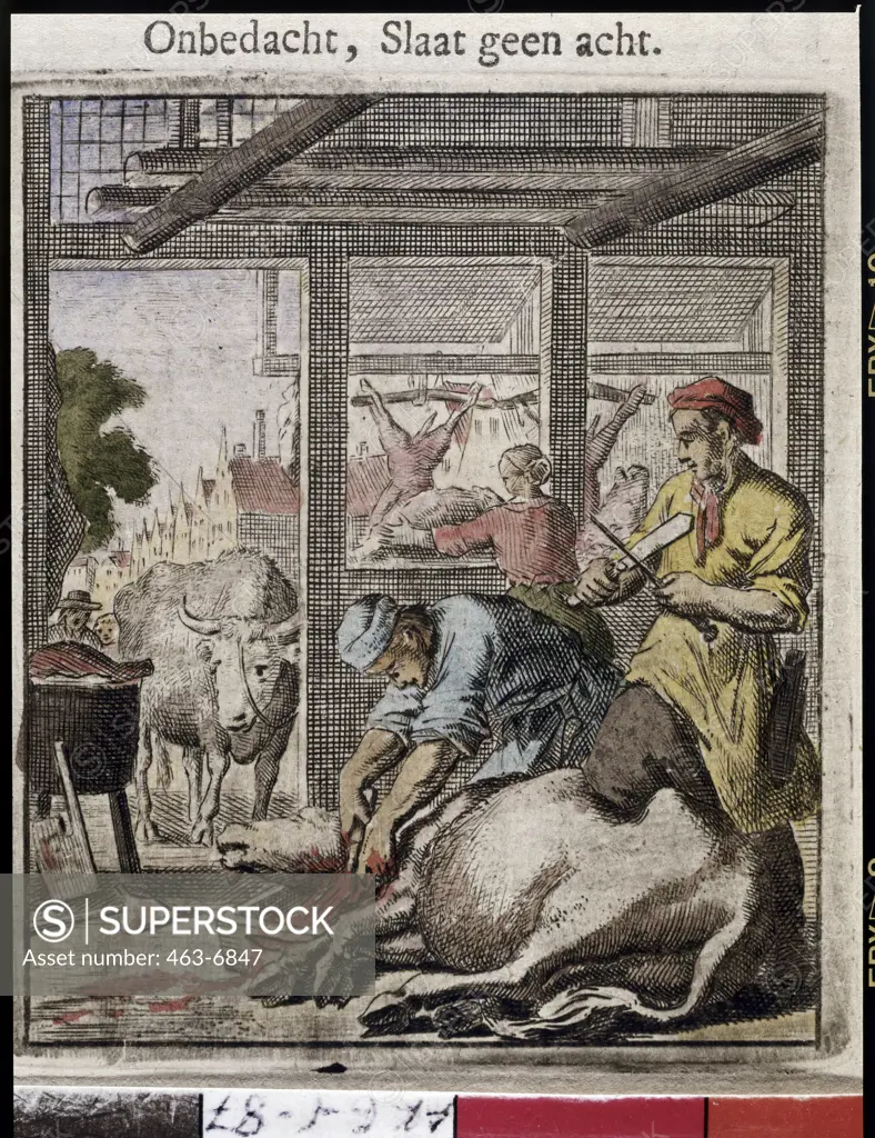 The Butcher 1694 Jan & Caspar Luyken Colored Copperplate