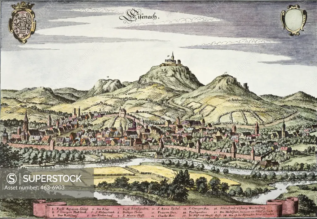 View of the City of Eisenach with the Wartburg In the Background by Mattheus Merian the elder,  1593-1650 Swiss,  colored copperplate