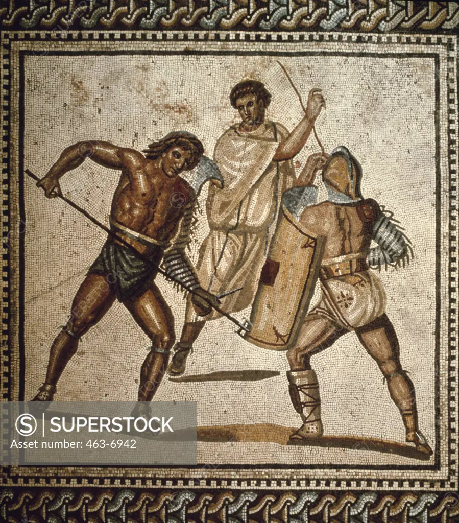 Gladiator Fights  (Detail from a Mosaic Floor) 2nd Century A.D.  Mosaic