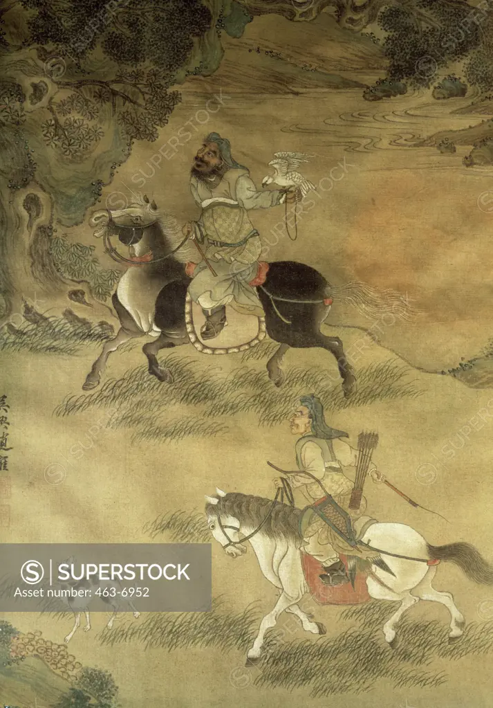 Genghis Khan at the Falcon Hunt World History/Asia  Silk painting