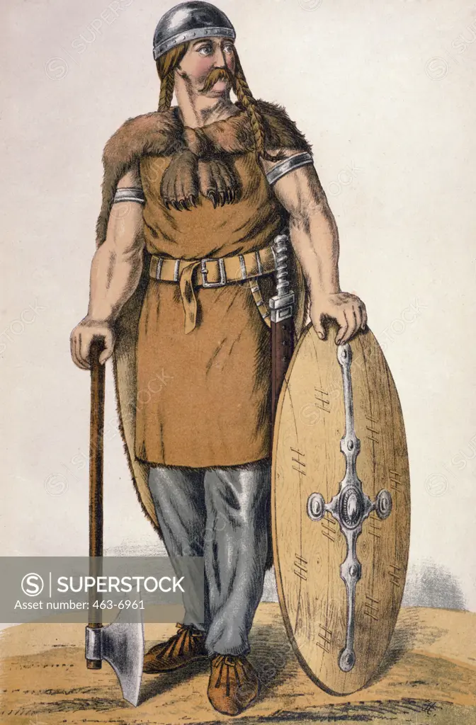 Langobard warrior,  color lithograph,  Germany,  Berlin,  Archiv fur Kunst und Geschichte,  circa 1880