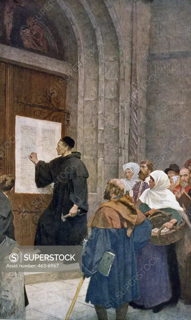 Luther Attaching the Theses at the Castle Church by Hugo Vogel,  1855-1920 German,  color print,  19th Century