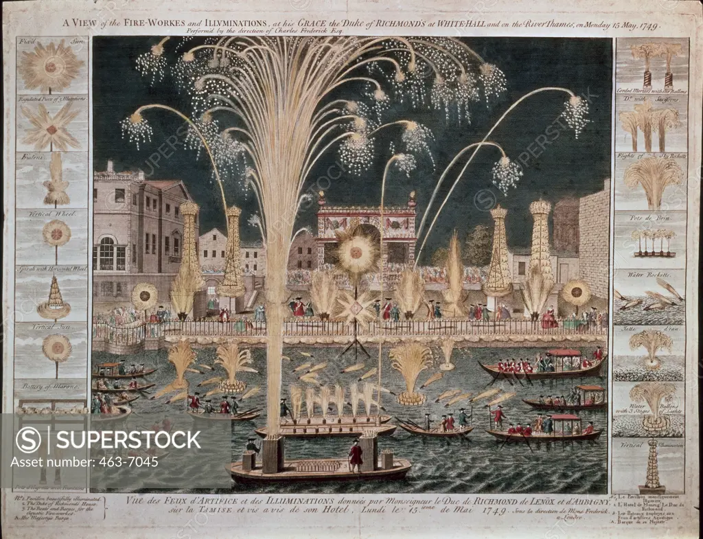 View of Fireworks and Illumination, Arranged by The Duke of Richmond in Whitehall & on the Thames 1749 Artist Unknown Colored copperplate