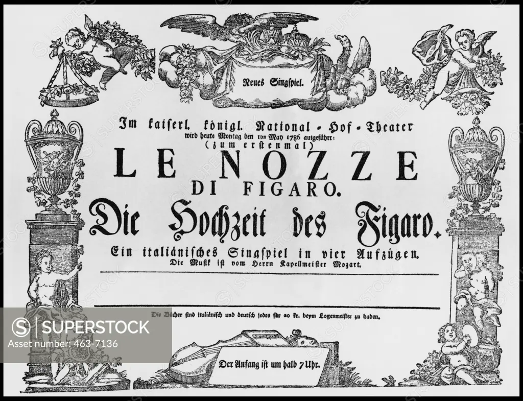 Marriage of Figaro, Theatre Ad for the Premiere of The Play by Mozart at the Burgtheater in Vienna 1786 Artist Unknown Engraving 