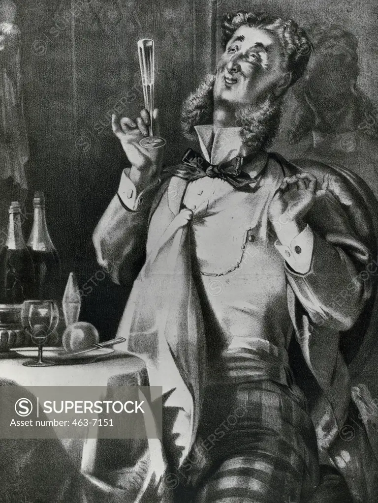 Delighted in Honor,  caricature on table manners,  chalk lithograph,  Germany,  Berlin,  Collection of Archive for Kunst & Geschichte,  artist unknown,  1840