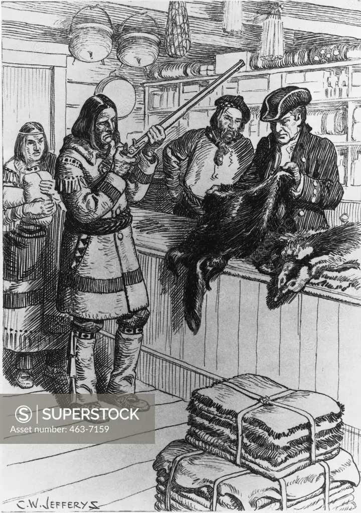 Indian Couple Trades Furs Against a Rifle (During time of the Hudson Company, 1670) American History 