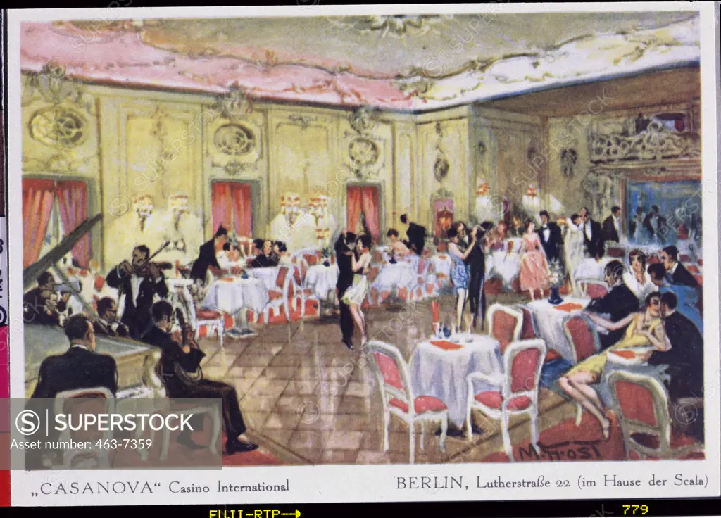 "Casanova" Casino International: View Inside the Yellow Hall ca. 1925 Artist Unknown  Colored engraving