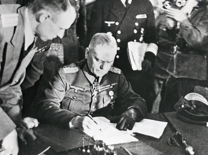 Field Marshal W. Keitel signs the Document of Surrender at the Soviet Headquarters, Berlin, Germany, May 8, 1945