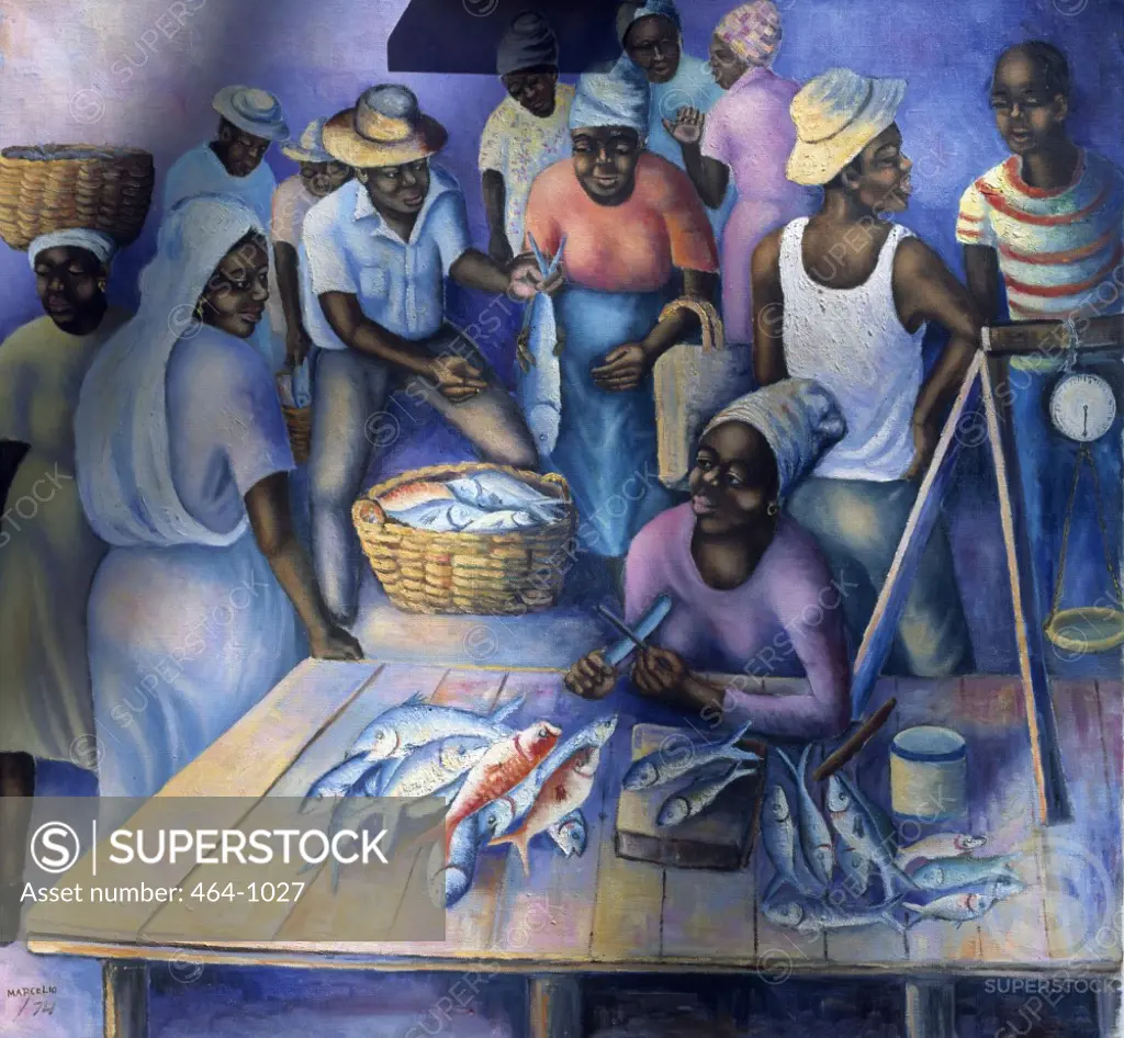 Fish Market on Isle of Trinidad by Marcelio,  oil on canvas,  1974