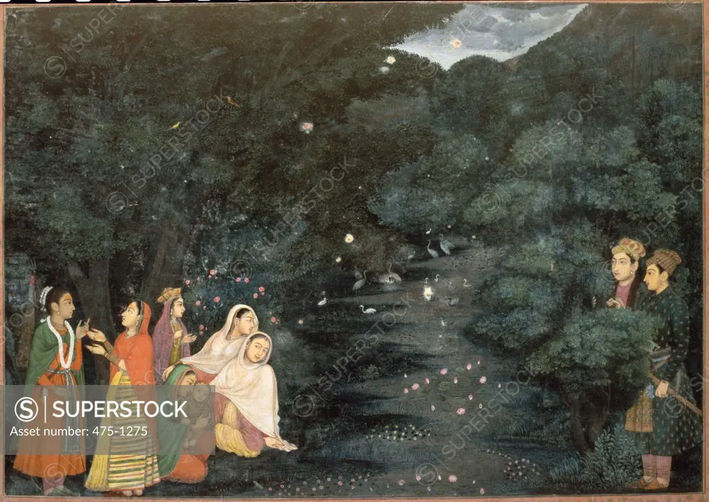 Woman By A Stream At Night Watched By Two Nobleman  C.1760 Indian Art Chester Beatty Gallery of Oriental Art, Dublin