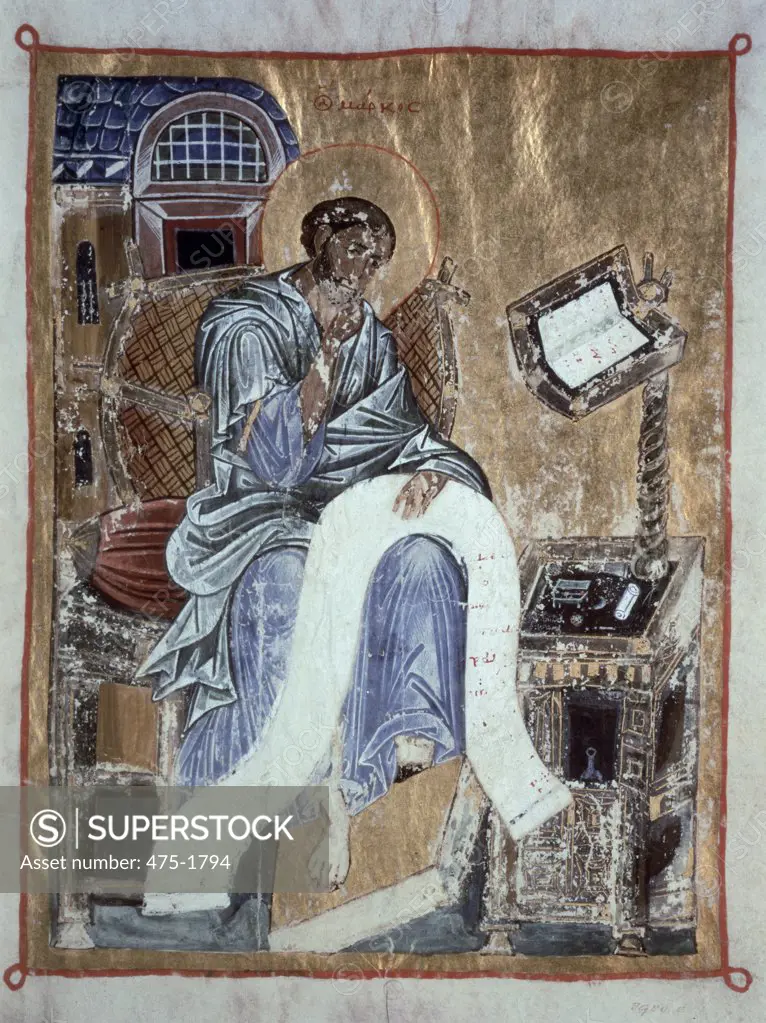 Saint Mark Writing In His Gospel, Byzantine Psalter  13th C. Illuminated Manuscript Victoria & Albert Museum, London, England