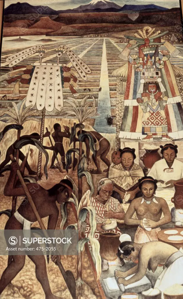 The Huastec Civilization: Detail Showing Natives Making Various Corn Dishes 1950 Diego Rivera (1886-1957 Mexican) Mural National Palace, Mexico City, Mexico