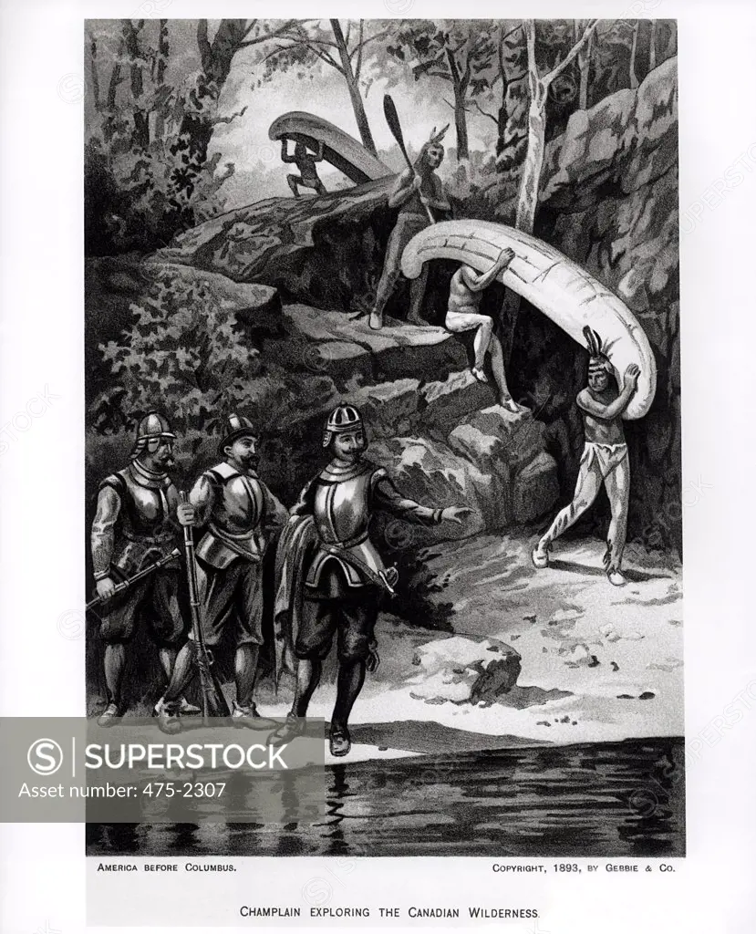 Champlain Exploring the Canadian Wilderness, 1603, from 'The American Continent and its Inhabitants Before its Discovery by Columbus' by Anne C. Cady, 1893 19th Century American School Lithograph Library of Congress, Washington, D.C., USA