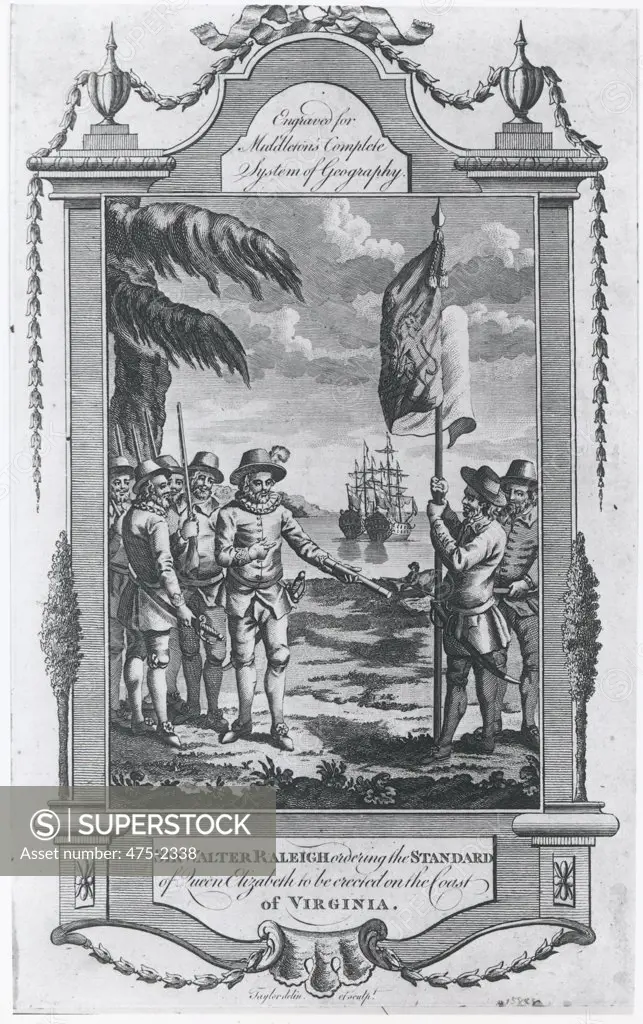 Sir Walter Raleigh Ordering the Standard of Queen Elizabeth to be Erected on the Coast of Virginia 19th Century Taylor (19th C./American) Engraving Library of Congress, Washington, D.C., USA