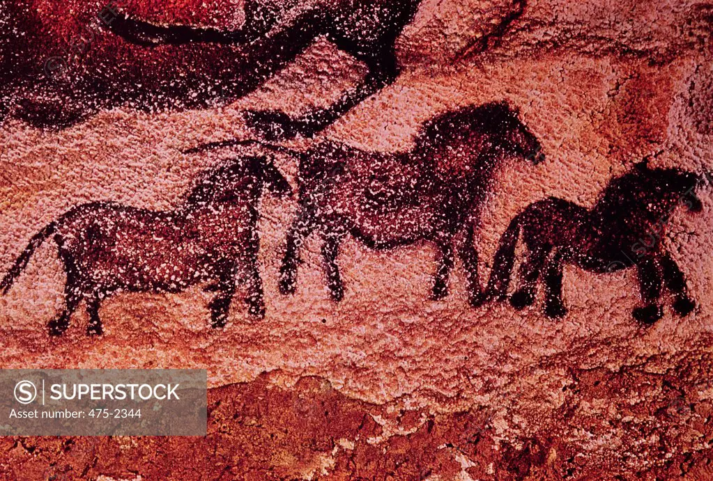 Rock Painting of Tarpans (Ponies) c. 17000 BC Prehistoric Art Cave Painting Lascaux Caves, Dordogne, France