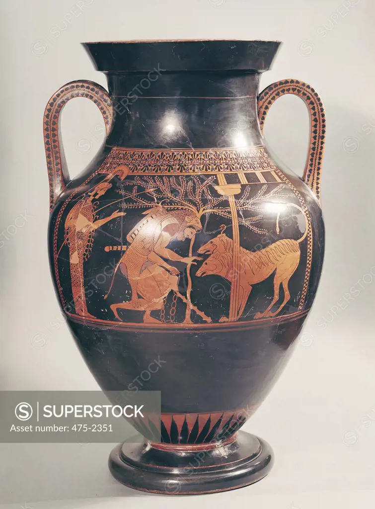 Attic Red-Figure Belly Amphora Depicting Herakles Capturing Kerberus, Greek, From Athens 6th C. BC Andokides Painter (attr. to)(Greek) Pottery