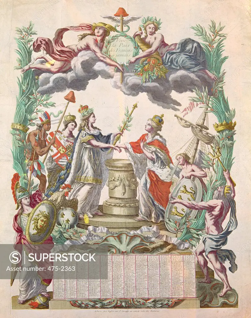 Calendar for the Year of 1783 Commemorating the Treaty of Versailles in 1768 in which America Gained its Independence 18th Century French School Colored Engraving Private Collection
