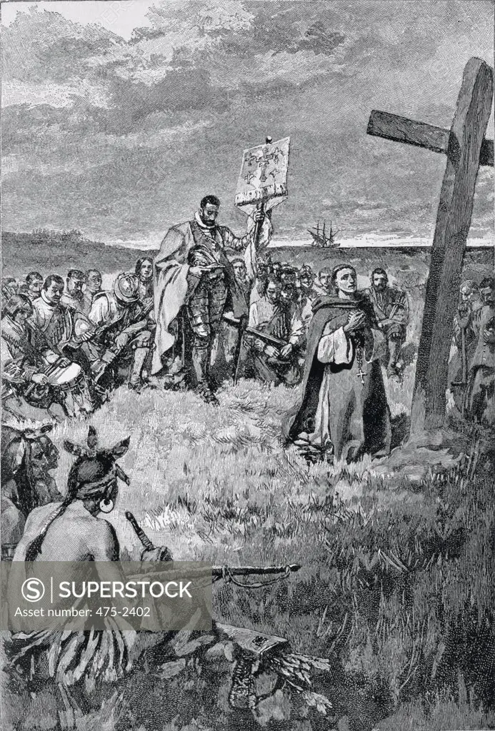 Jacques Cartier (1491-1557) Setting Up A Cross At Gaspe 1883 Pyle, Howard(1853-1911 American) Lithograph Private Collection 