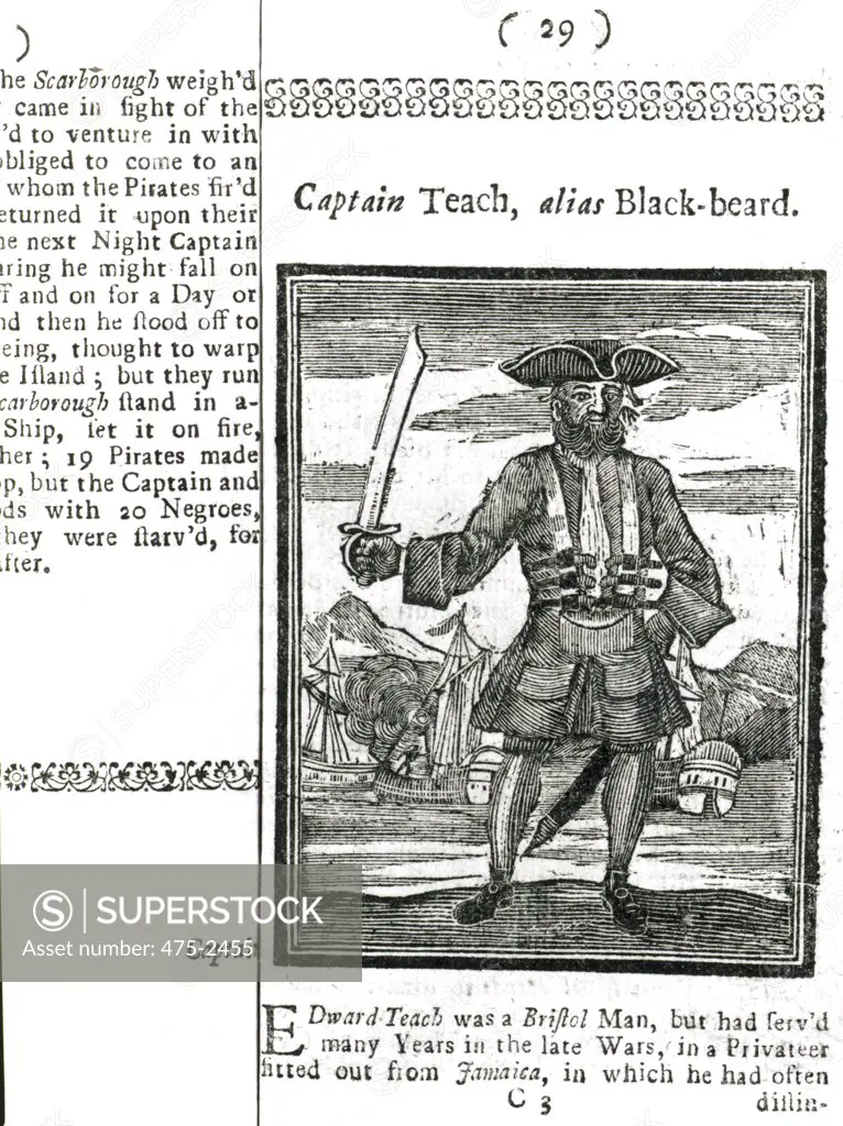 Captain Teach, Alias Black Beard From 'History and Lives of all the Most Notorious Pirates and Crews' 1725 American School Engraving Library of Congress, Washington, D.C., USA