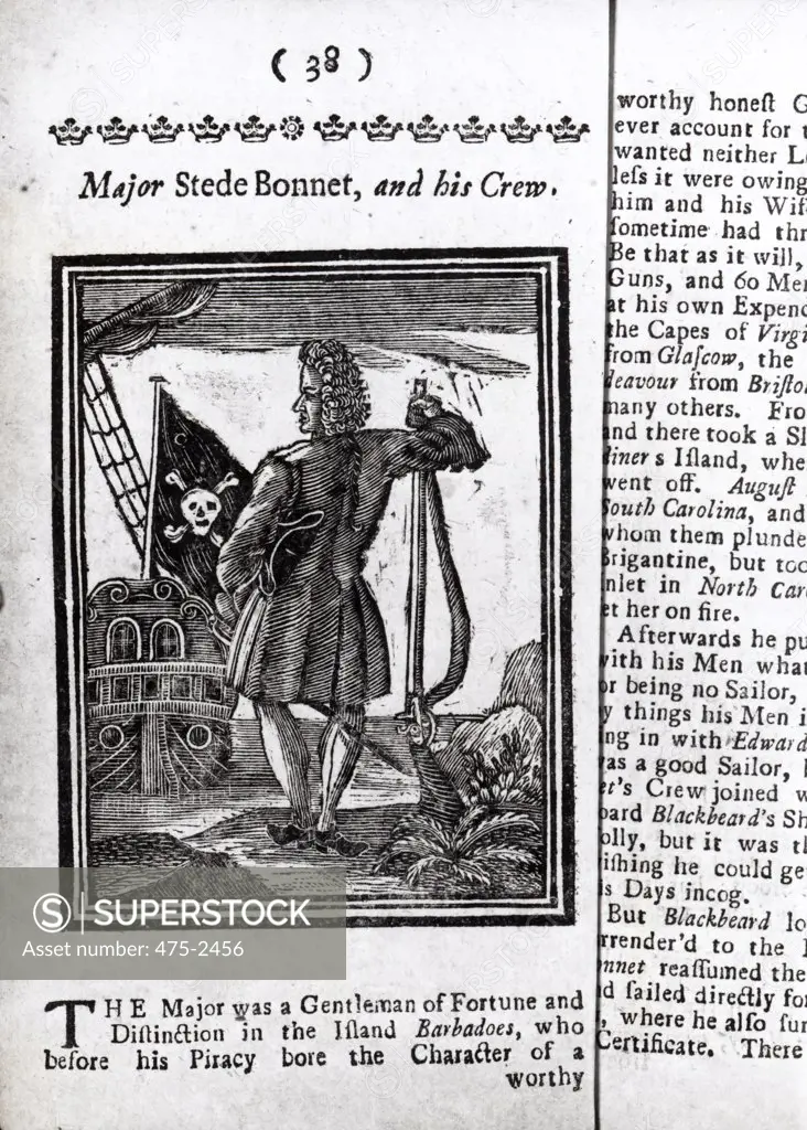 Major Stepe Bonnet From 'History and Lives of all the Most Notorious Pirates and their Crews' 1725 American School Engraving Library of Congress, Washington, D.C., USA