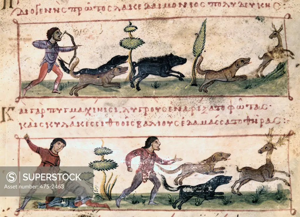 Deer Hunting -Illustration From The Halieutica Or Or The Cynegetica By Oppian 11th C. Italian School (11th C.)(- ) Vellum Biblioteca Marciana, Venice, Italy 