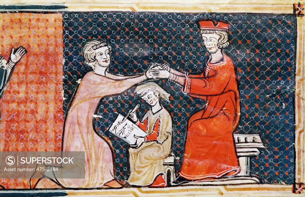 The Royal Prosecutor, The Scribe And The Feudal Lord From 'Capbreu de Clayra et de Millas' 1292 Catalan School Vellum Archives Department des Pyrenees-Orientales, Perpignan, France