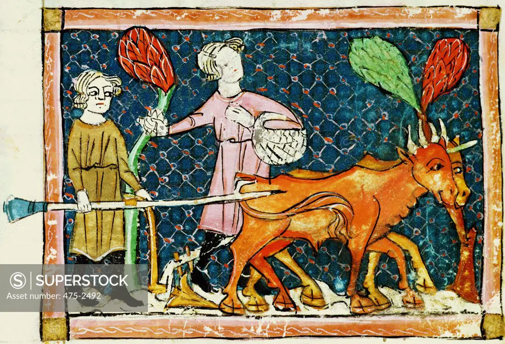 October: Ploughing 13th C. Master Ermengaut (d.1322 French) Vellum Biblioteca Monasterio del Escorial, Madrid, Spain